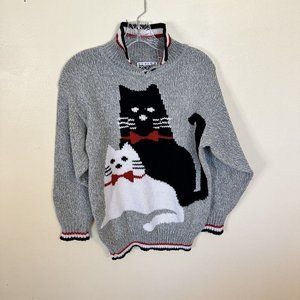 Vintage Design Zone Womens Cat 1980s Grey Sweater Size Small Red Black Trim
